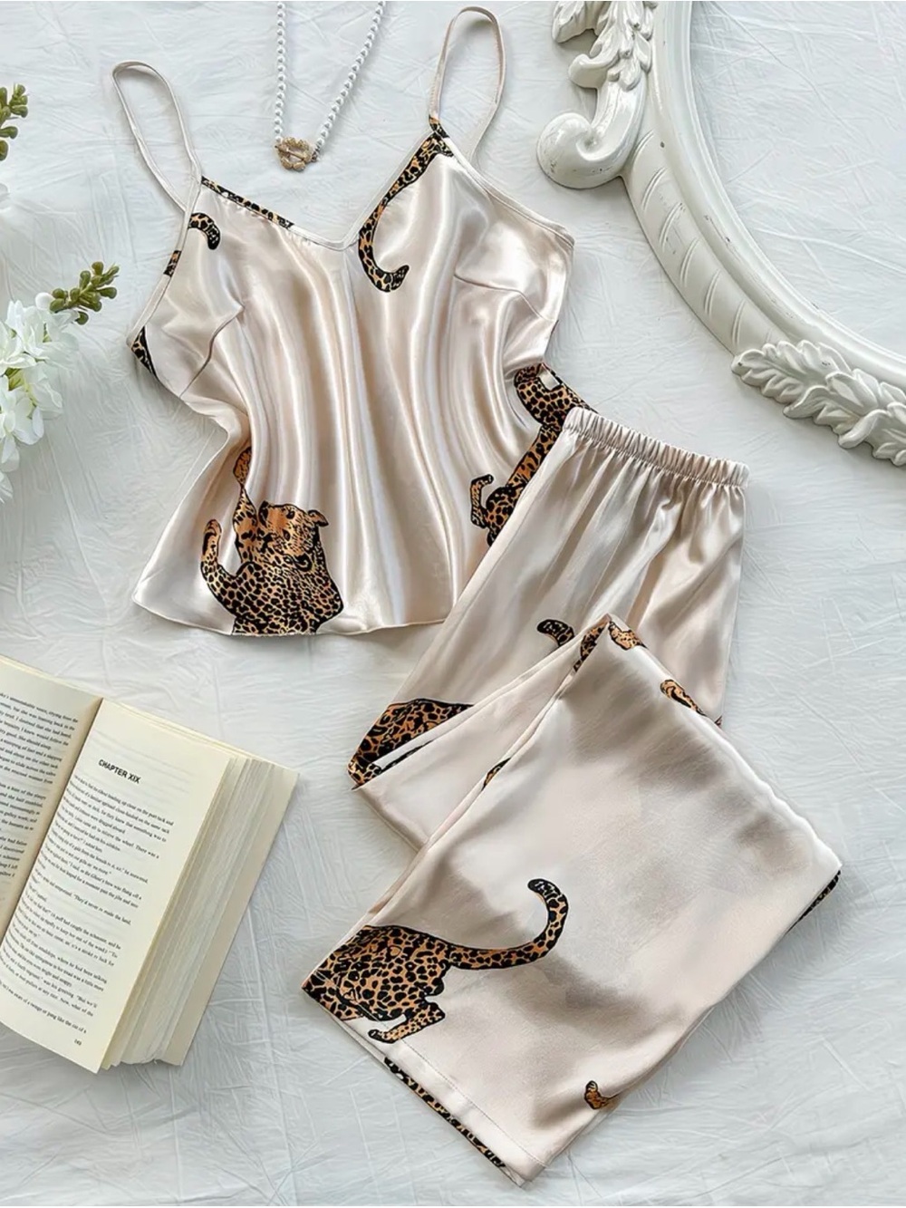 Silk-Feel Leopard Print Cami & Pants Pajama Set - Cream